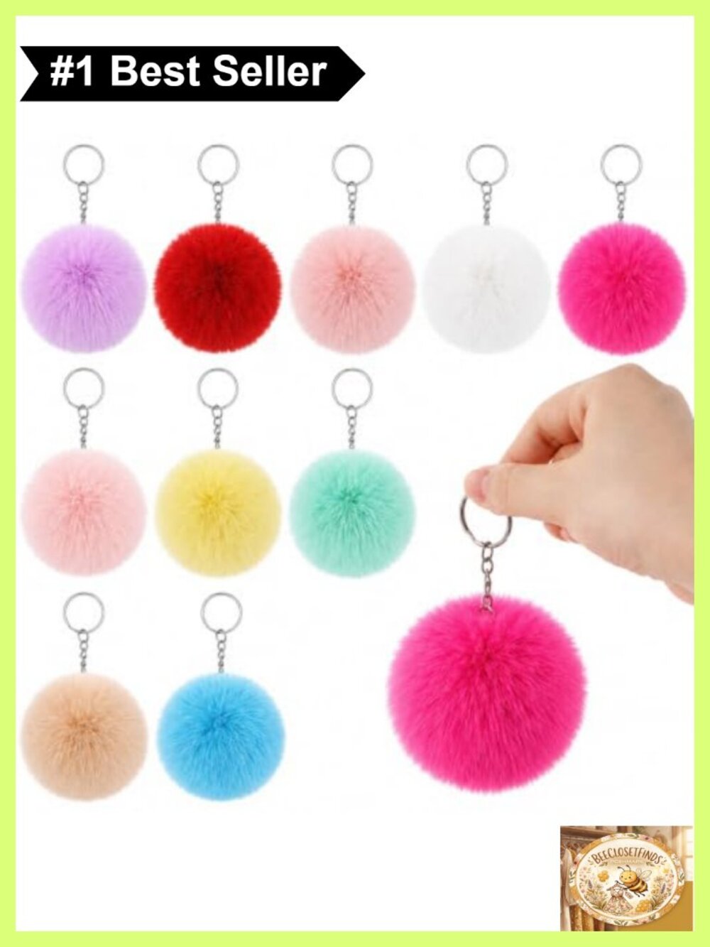 10 Pc Faux Fur Pom Pom Keychain Set Plush Puff Ball Bag Charms 2.4 in